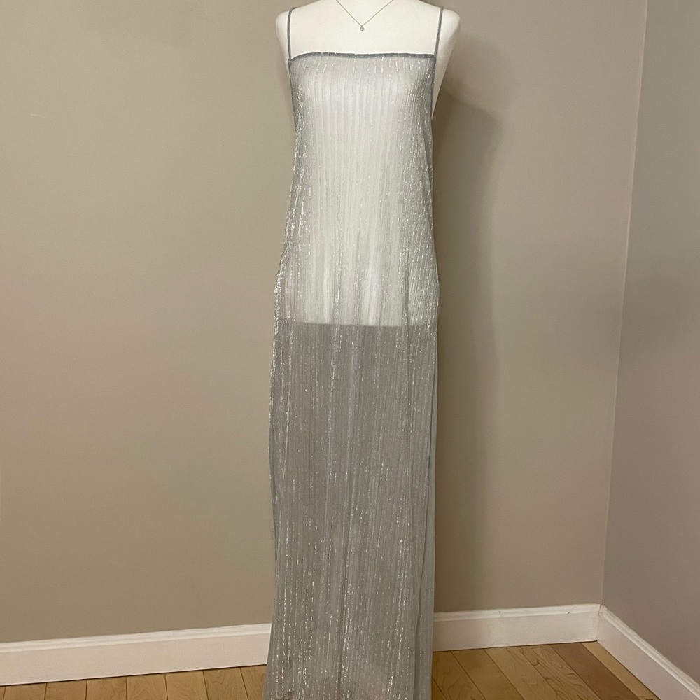 Zara Mesh Sheer Silver Sparkly Glittery Swim Cover Up Maxi Dress Size Medium